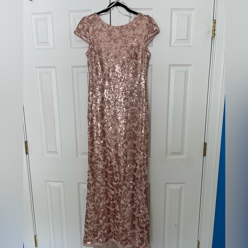 Calvin Klein Sequin Cowl Back Gown Rose Gold